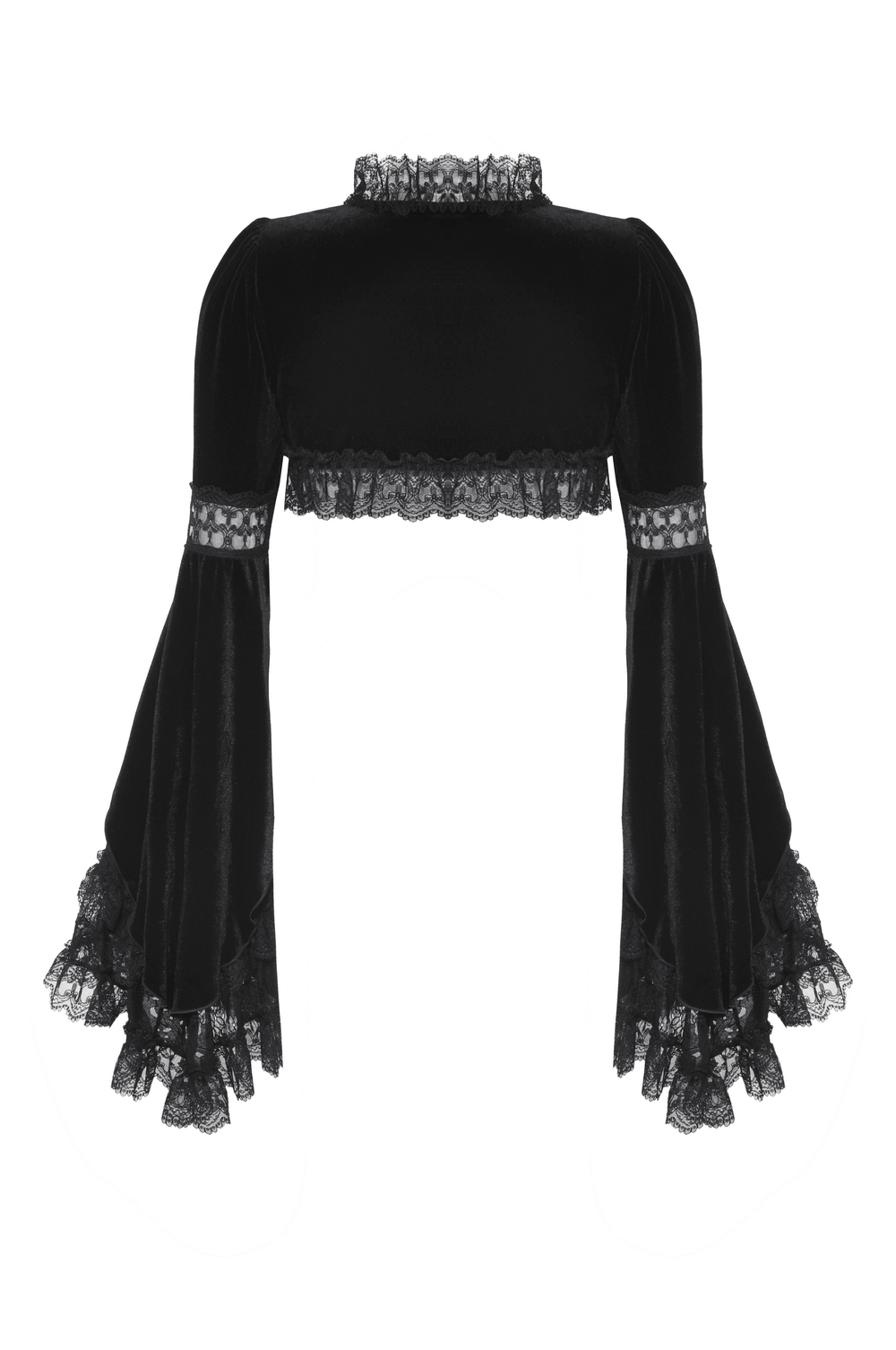 Gothic velvet lace bolero with flared sleeves featuring floral lace and rosette accents, perfect for elegant layering.