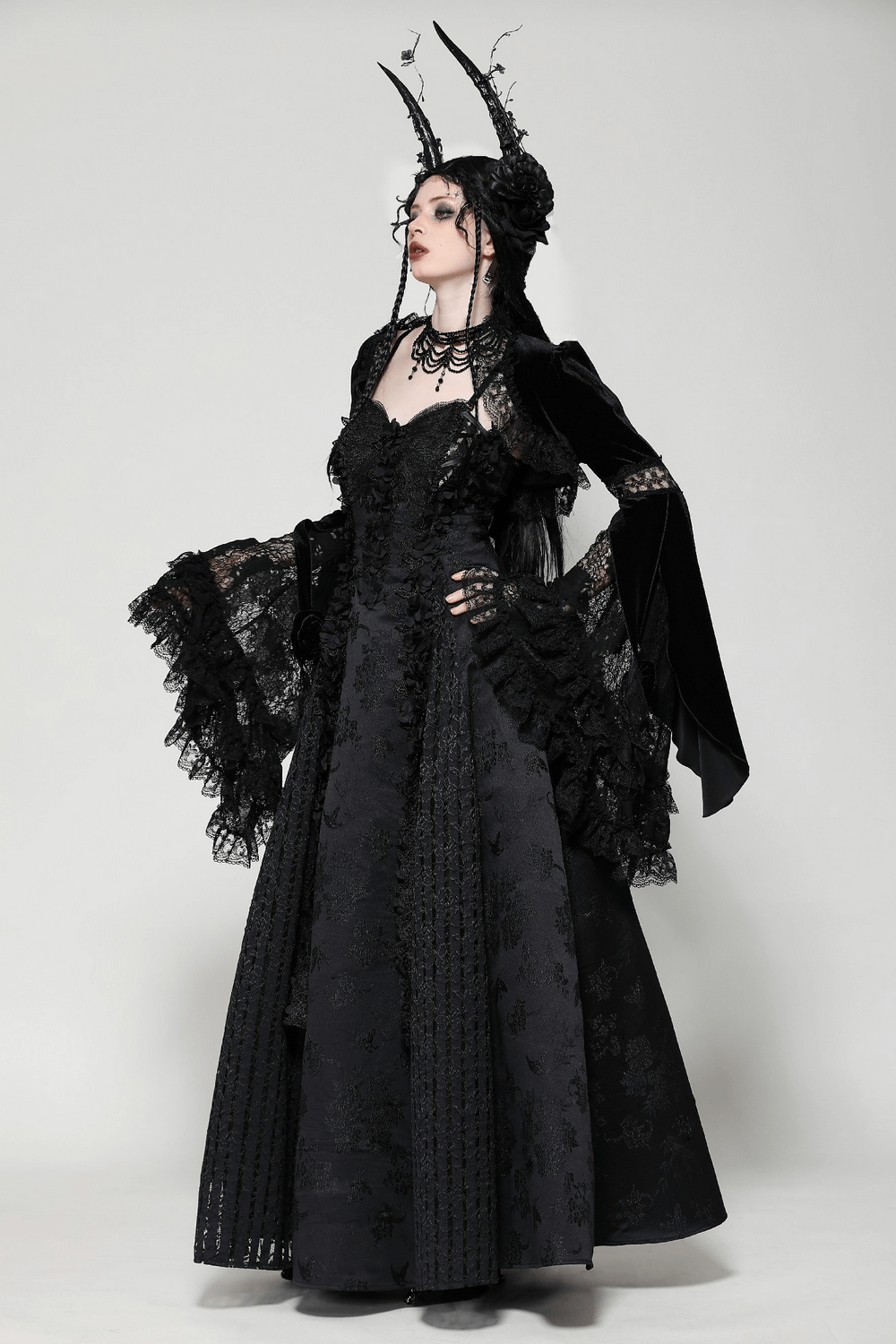 Gothic Velvet Lace Bolero with Flared Sleeves and Rosette Accents, perfect for an elegant, dramatic look over dresses or tops.