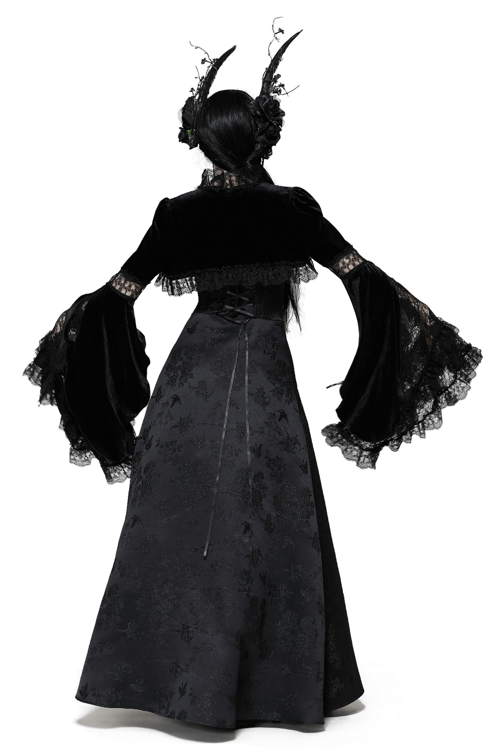 Gothic Velvet Lace Bolero with Flared Sleeves and Rosette Accents in Black, Perfect for Dark Elegance and Dramatic Styling