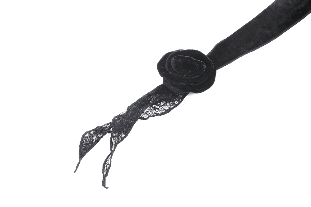 Elegant black velvet ribbon with lace detailing and a rosette accent, perfect for gothic fashion.