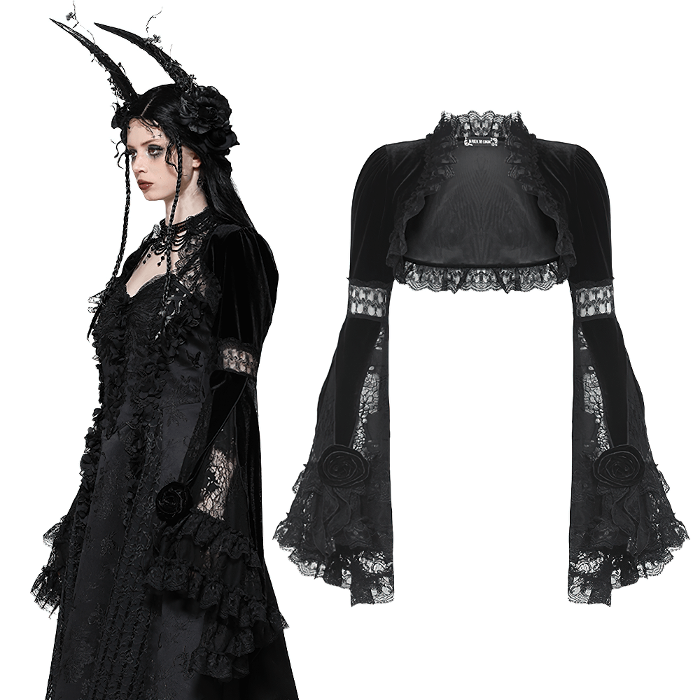 Gothic velvet lace bolero with flared sleeves, beautifully styled with a dark, romantic dress and intricate lace detailing.