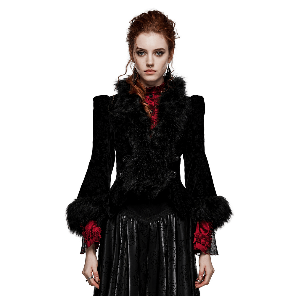Gothic velvet lace jacket with faux fur trim, Victorian-inspired design, perfect for themed events.