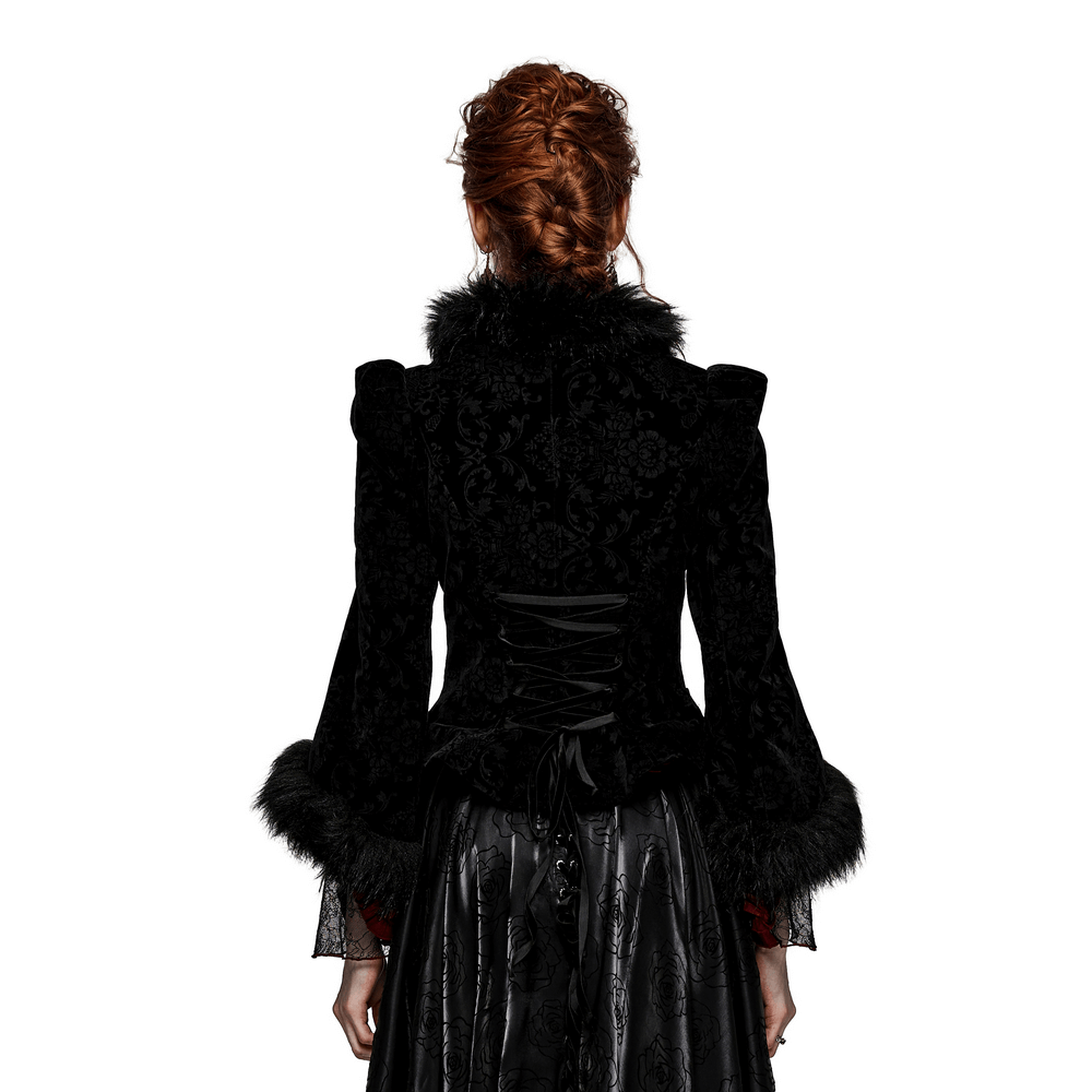 Back view of gothic velvet lace jacket with faux fur trim, showcasing intricate lace-up design and Victorian elegance.