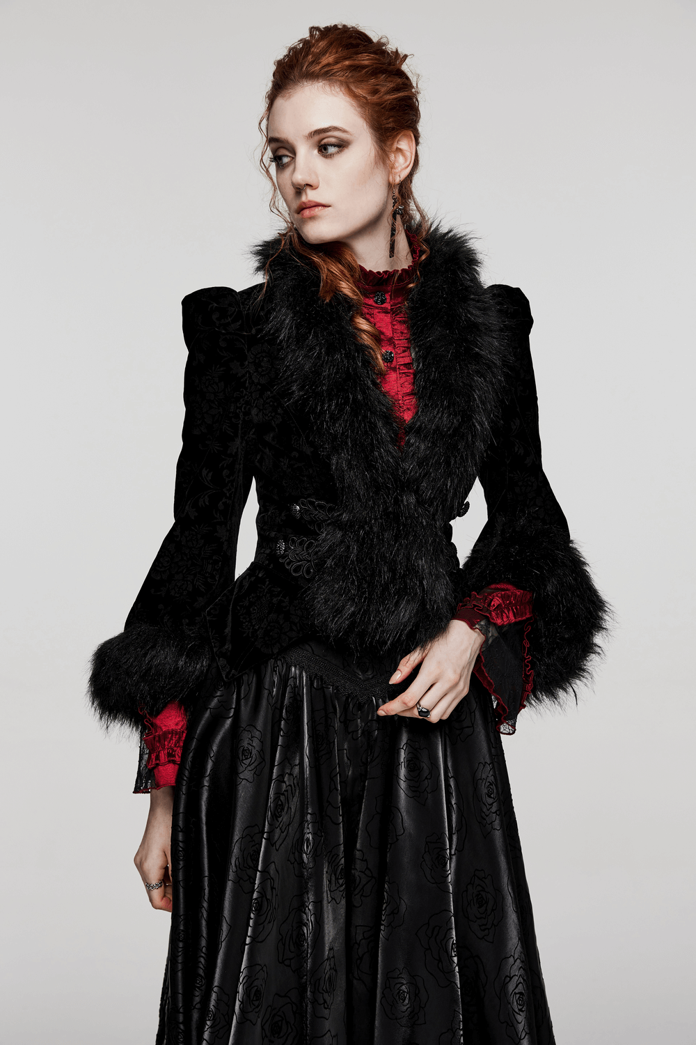 Gothic velvet lace jacket with faux fur trim, perfect for Victorian-inspired elegance and themed events.