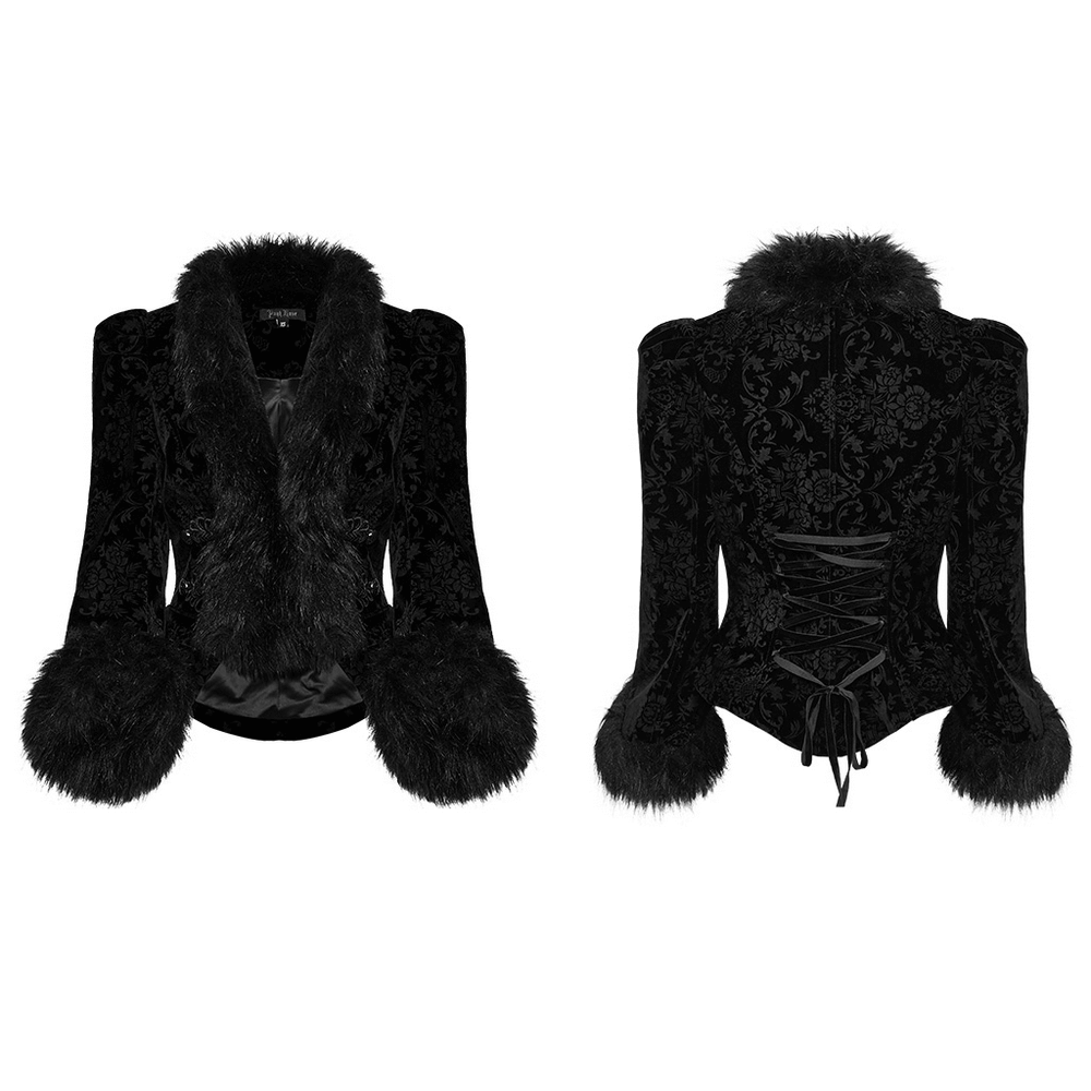 Gothic velvet jacket with faux fur trim and lace-up back, showcasing Victorian-inspired elegance.