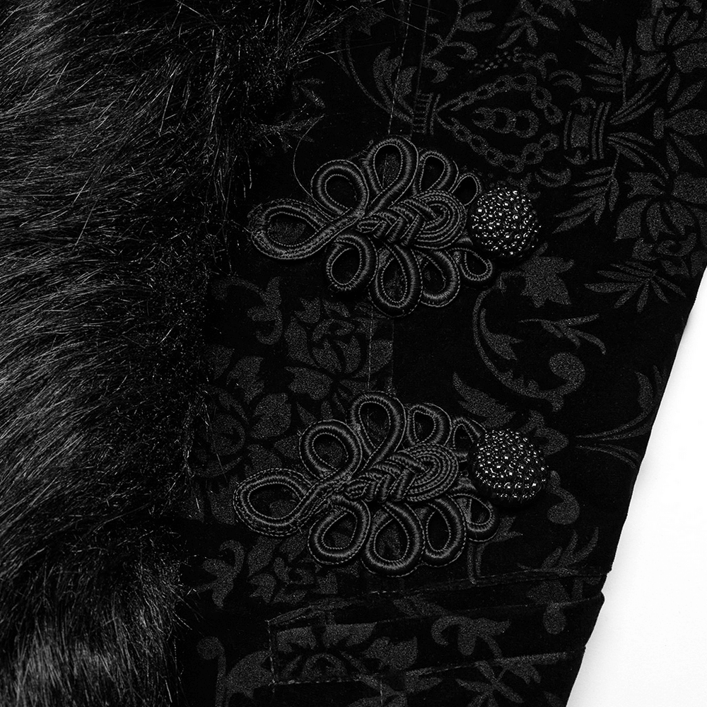 Close-up of Gothic Velvet Lace Jacket showing intricate lace details and faux fur trim accents.