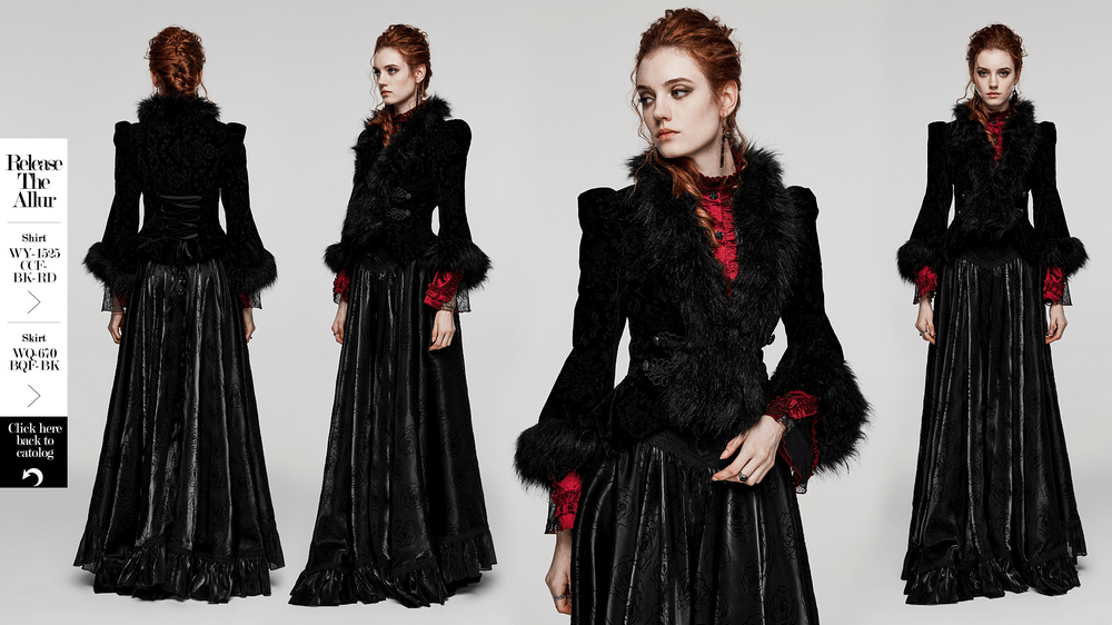 Gothic velvet lace jacket with faux fur trim, showcasing elegant Victorian-inspired design and detailed embroidery.