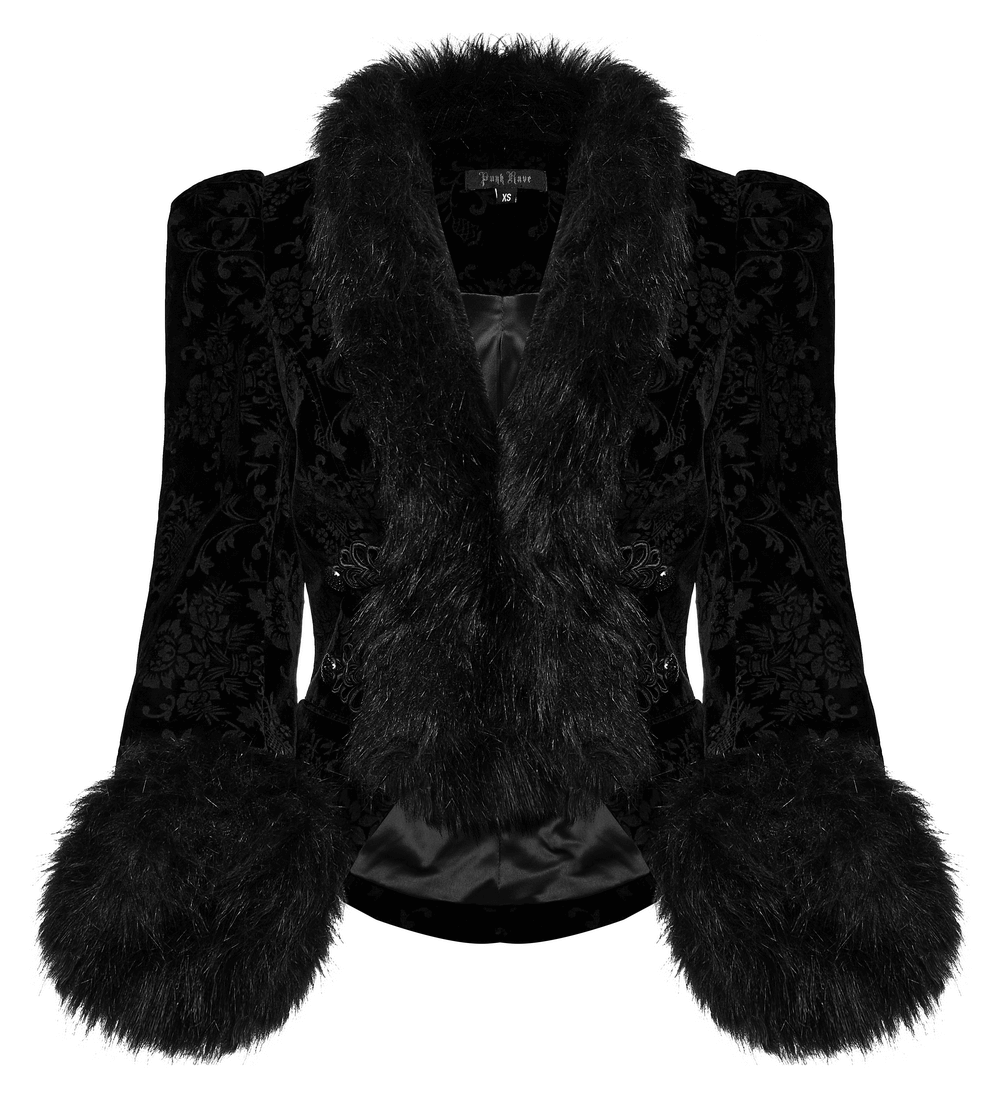 Gothic velvet lace jacket with faux fur trim, featuring a Victorian-inspired design and intricate lace detailing.