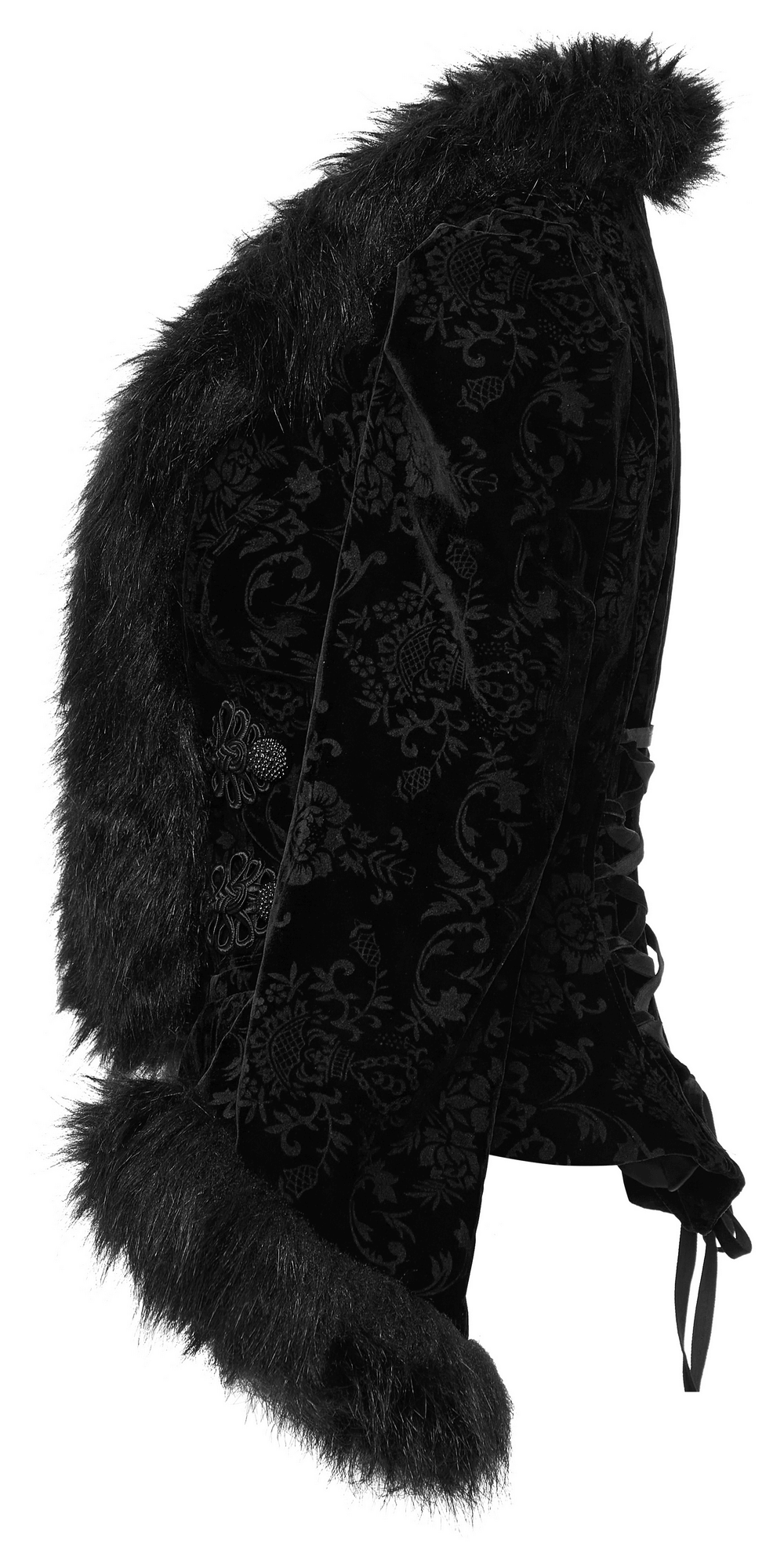 Gothic velvet lace jacket with faux fur trim, showcasing intricate lace design and luxurious Victorian style.