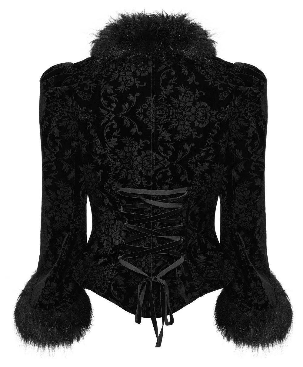 Victorian-inspired Gothic velvet jacket with faux fur trim and lace-up back detail.