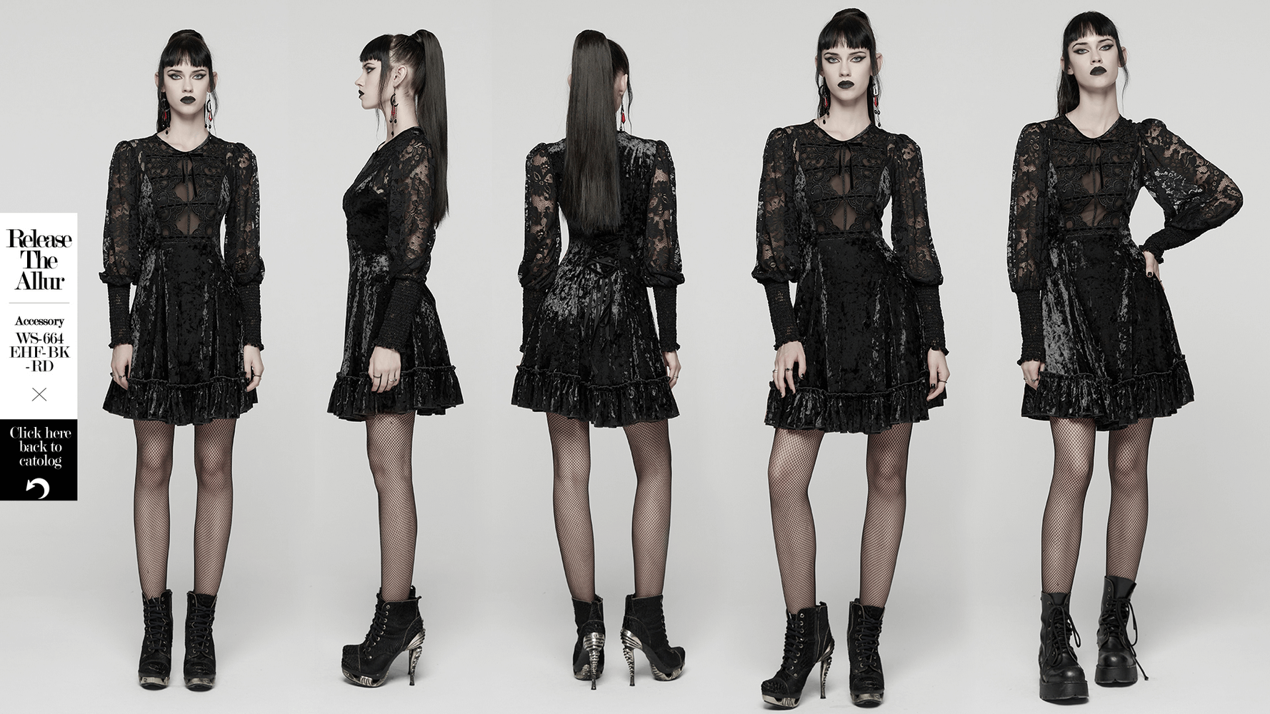 Gothic Velvet Lace Mini Dress with Lantern Sleeves showcased from multiple angles in elegant styling.