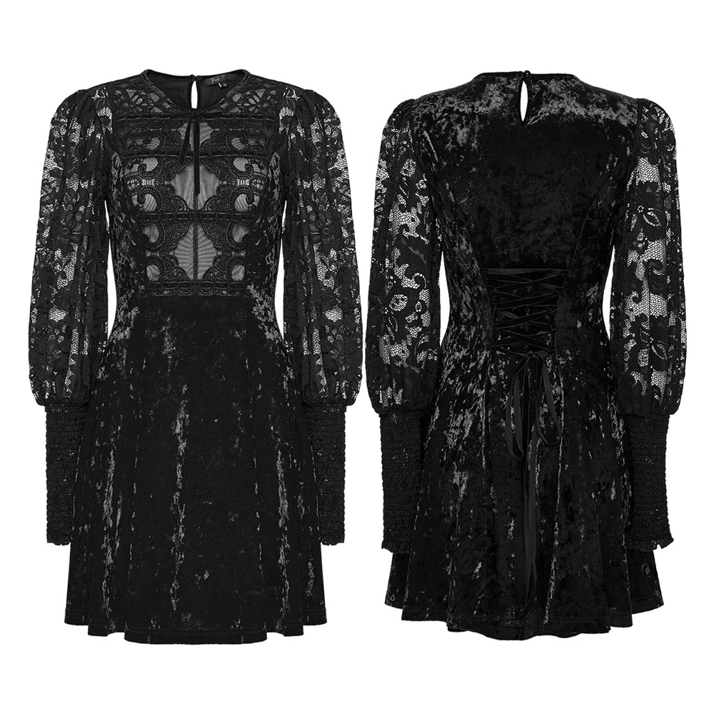 Gothic Velvet Lace Mini Dress with Lantern Sleeves showcasing lace detailing and velvet fabric from front and back views.