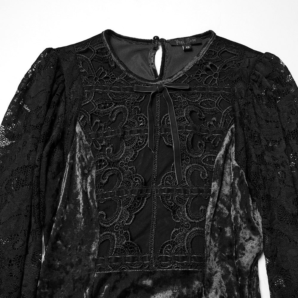 Gothic Velvet Lace Mini Dress with Lantern Sleeves featuring hollow lace and velvet trim