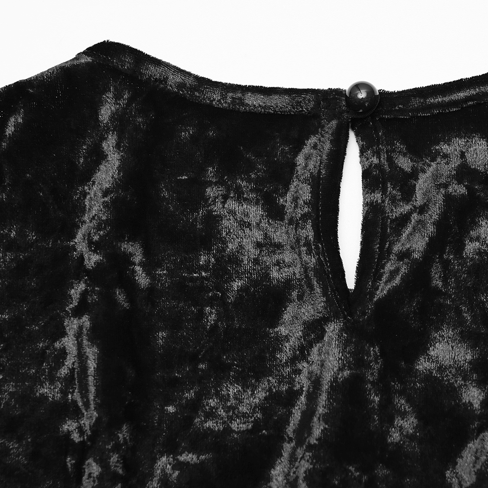 Gothic Velvet Lace Mini Dress with Lantern Sleeves back view featuring keyhole and button detail in luxurious velvet.