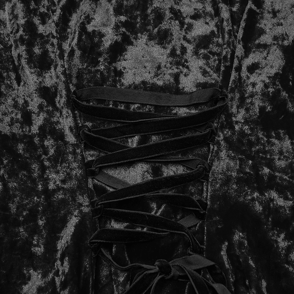 Gothic Velvet Lace Mini Dress with Lantern Sleeves close-up of velvet detailing and lace-up design.