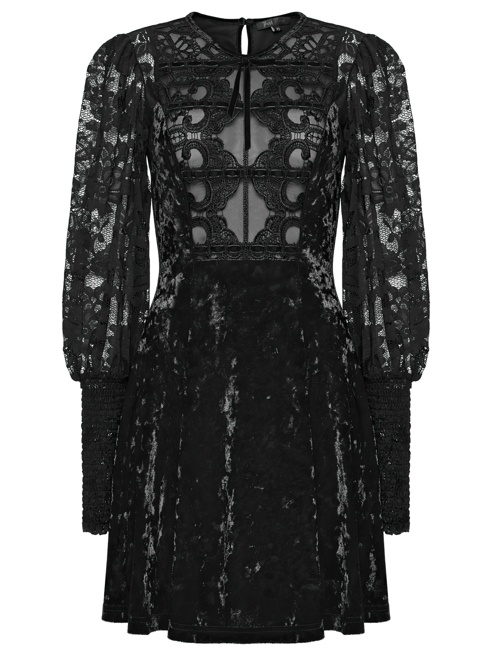 Gothic Velvet Lace Mini Dress with Lantern Sleeves featuring hollow lace and velvet trim for a sweet goth look.