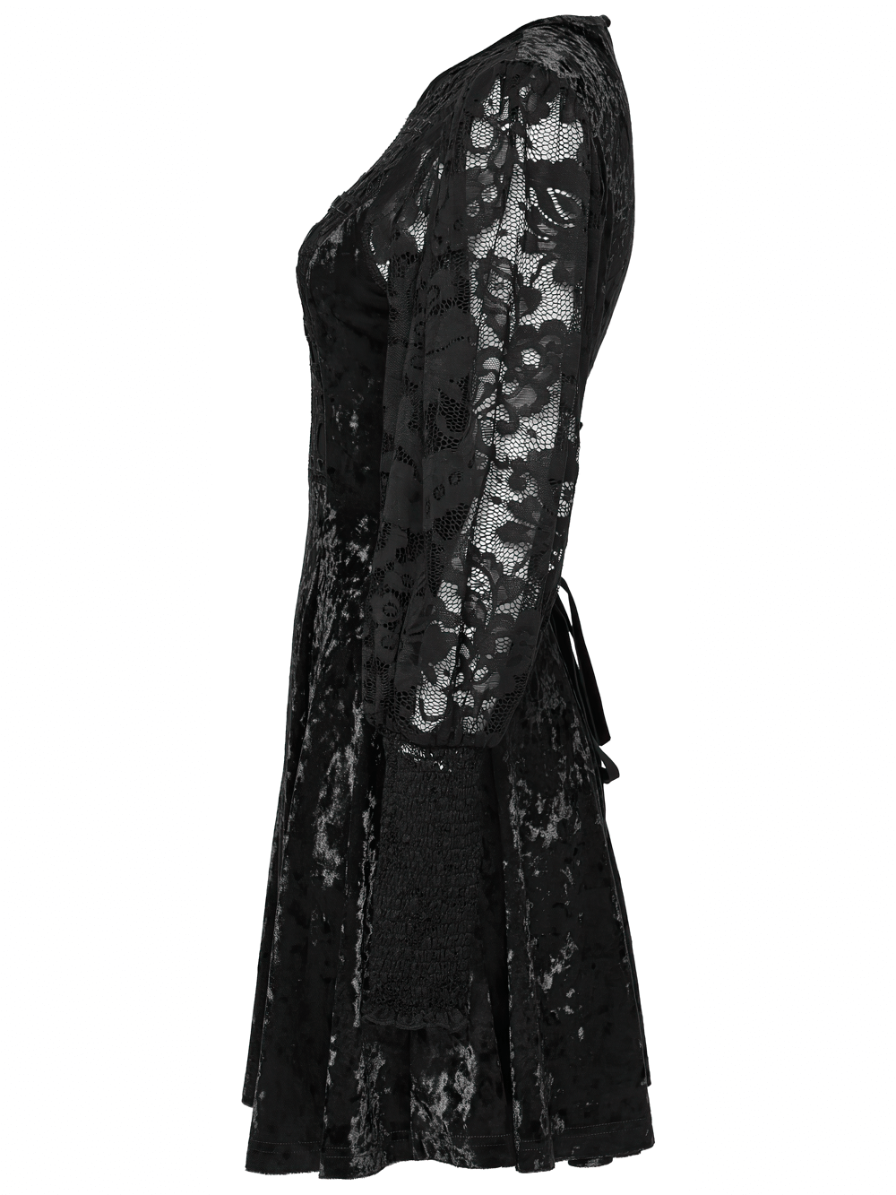 Gothic Velvet Lace Mini Dress with Lantern Sleeves showcasing hollow lace and velvet trim from the side view.