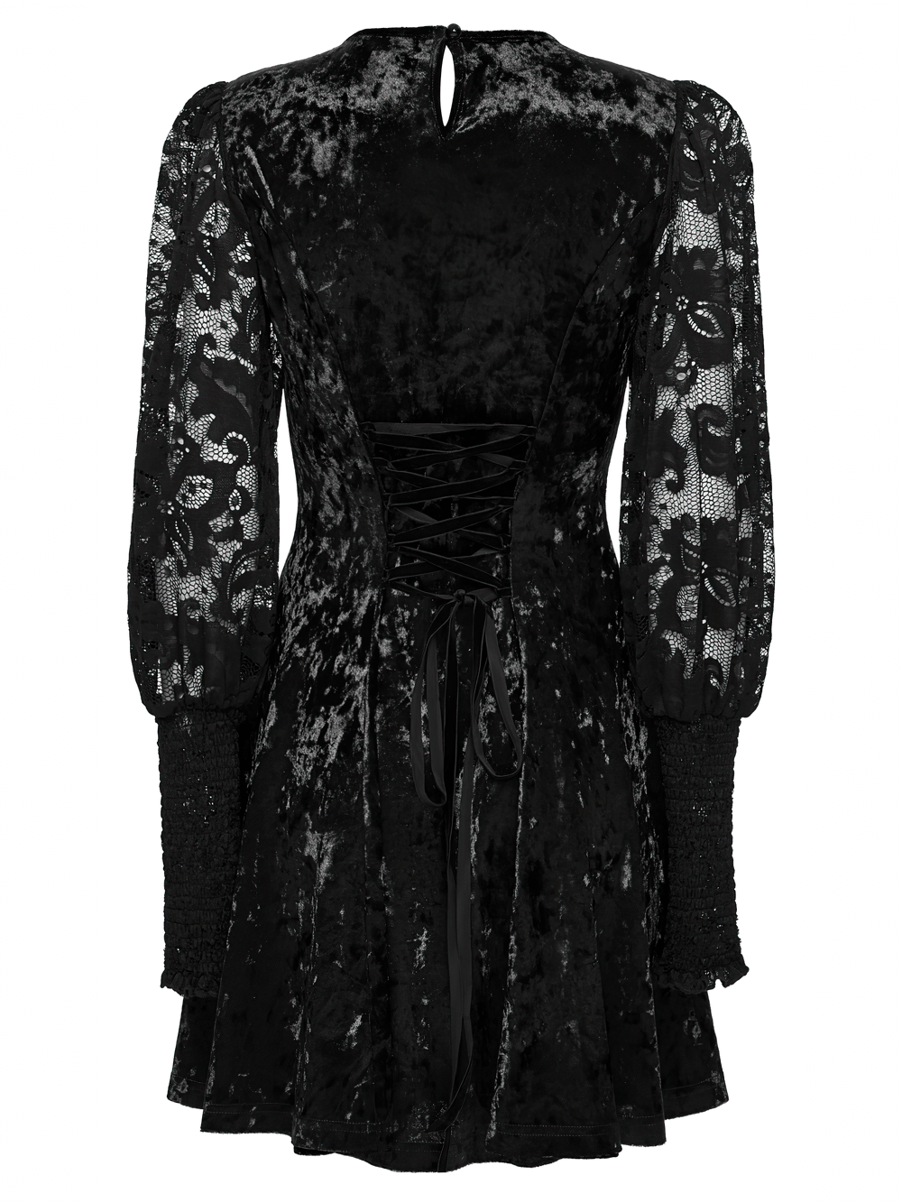 Gothic Velvet Lace Mini Dress with Lantern Sleeves showcasing lace and velvet details on a stylish black mini dress.