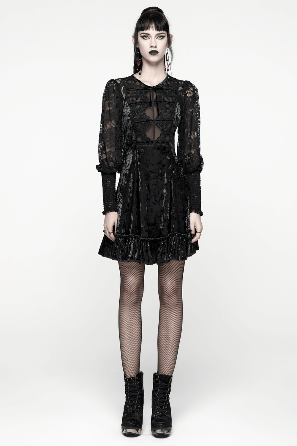 Gothic Velvet Lace Mini Dress with Lantern Sleeves displayed on a model with edgy makeup and black boots.