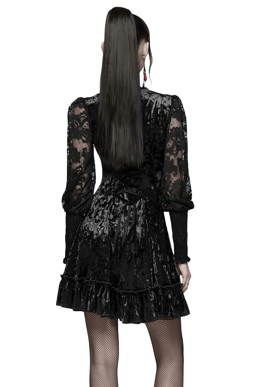 Gothic Velvet Lace Mini Dress with Lantern Sleeves showcasing a stunning back view with lace and velvet details.