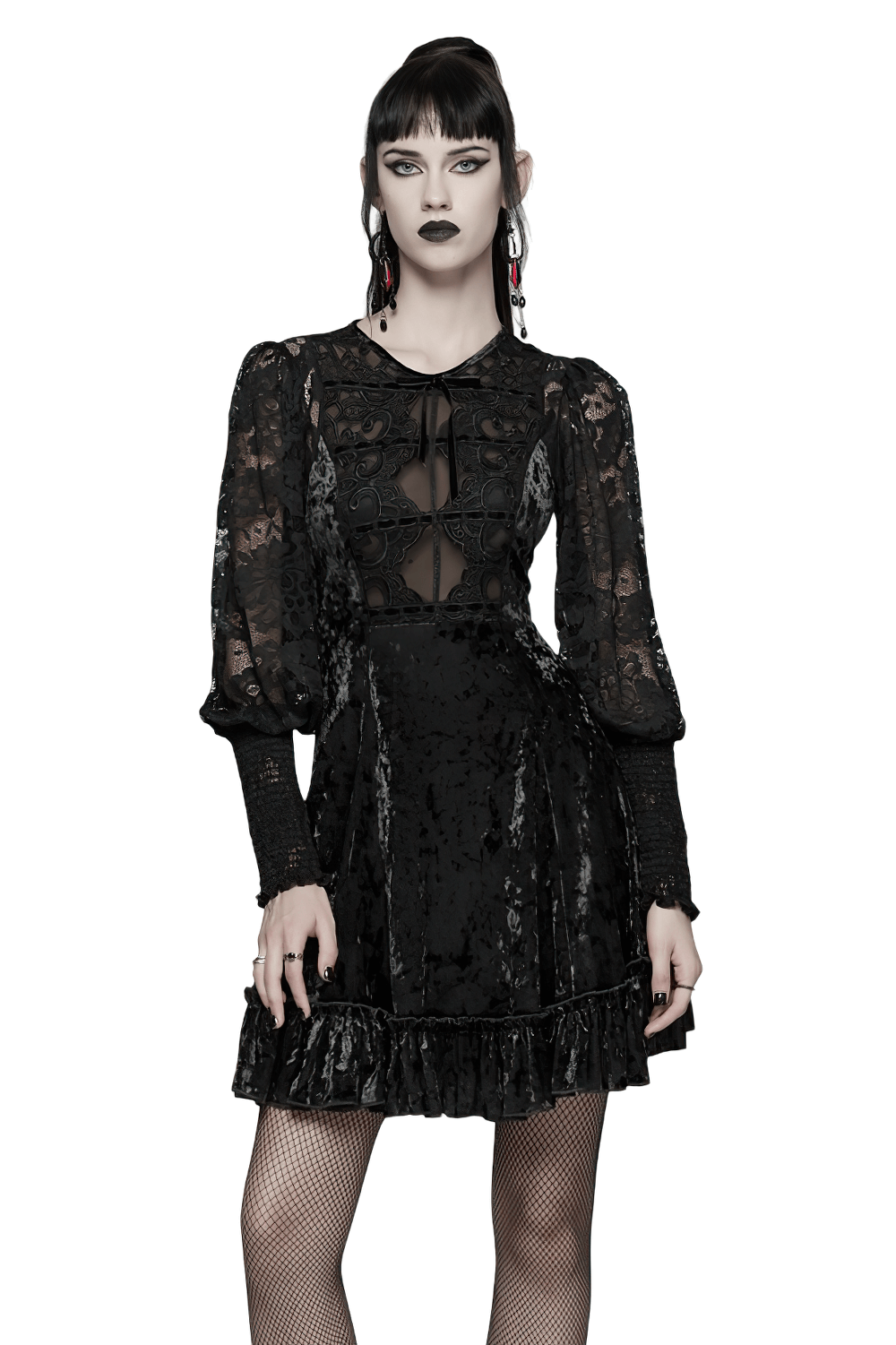 Gothic Velvet Lace Mini Dress with Lantern Sleeves featuring hollow lace and velvet trim for a sweet goth look.