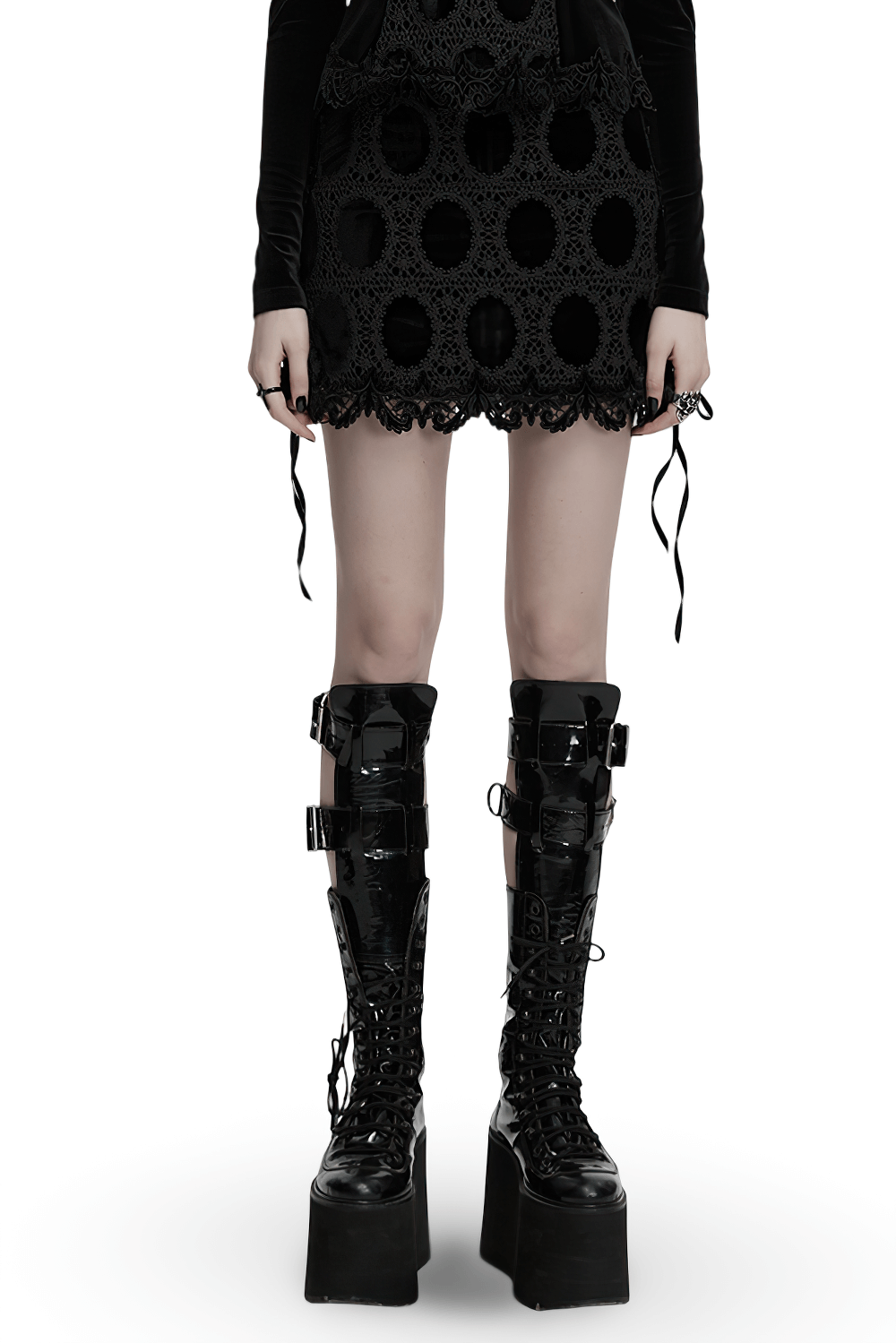Gothic velvet lace mini skirt with side straps and edgy platform boots for a dark alternative fashion vibe.