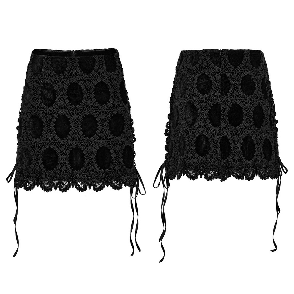 Gothic velvet lace mini skirt with side straps, featuring retro palace style and ornate lace hem.