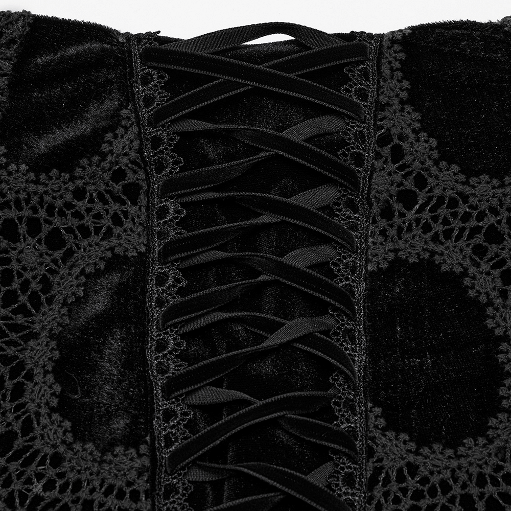 Close-up of Gothic Velvet Lace Mini Skirt showcasing intricate lace trim and velvet side straps.