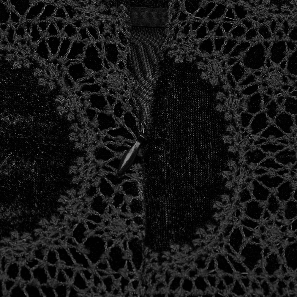 Close-up of gothic velvet lace mini skirt showing intricate lace trim and rear zipper detail for easy wear.