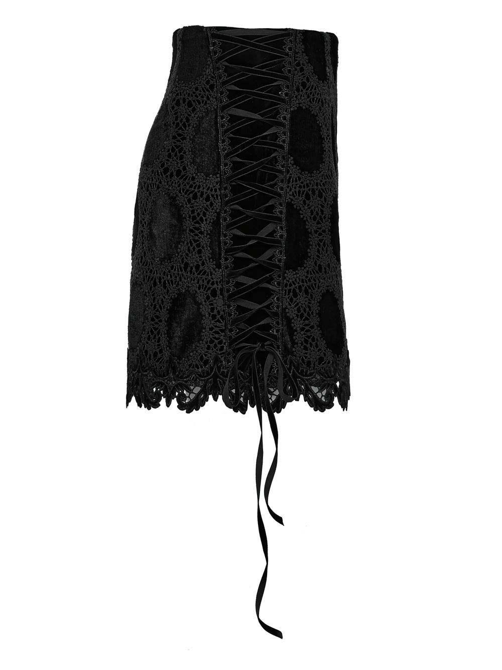 Gothic velvet lace mini skirt with side straps, showcasing ornate lace trim and retro palace style design.