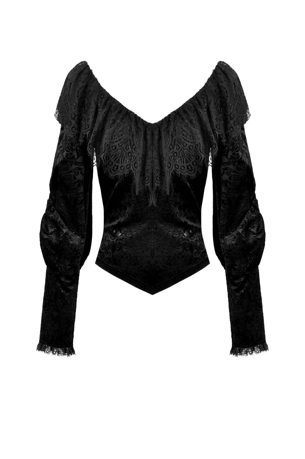 Elegant Gothic velvet lace off-shoulder top with puffed sleeves, perfect for vintage-inspired looks.