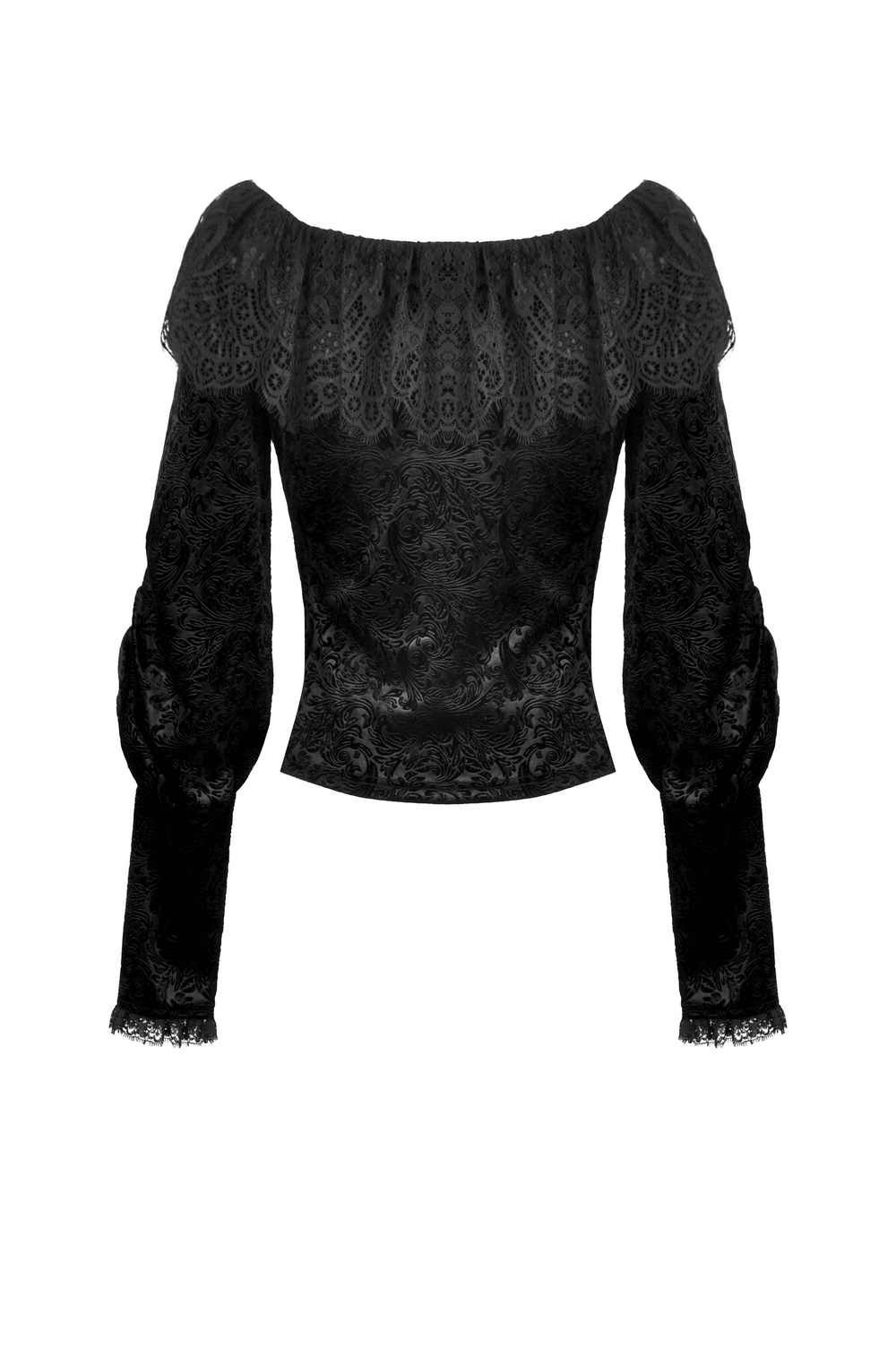 Elegant black lace and velvet gothic off-shoulder top with long puffed sleeves and intricate detailing.