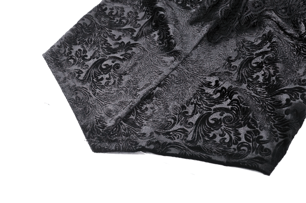 Elegant black velvet fabric with intricate gothic lace design, perfect for vintage-inspired fashion.