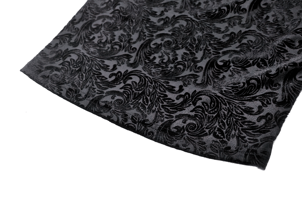 Elegant black velvet fabric with intricate gothic lace pattern, perfect for vintage-inspired designs.