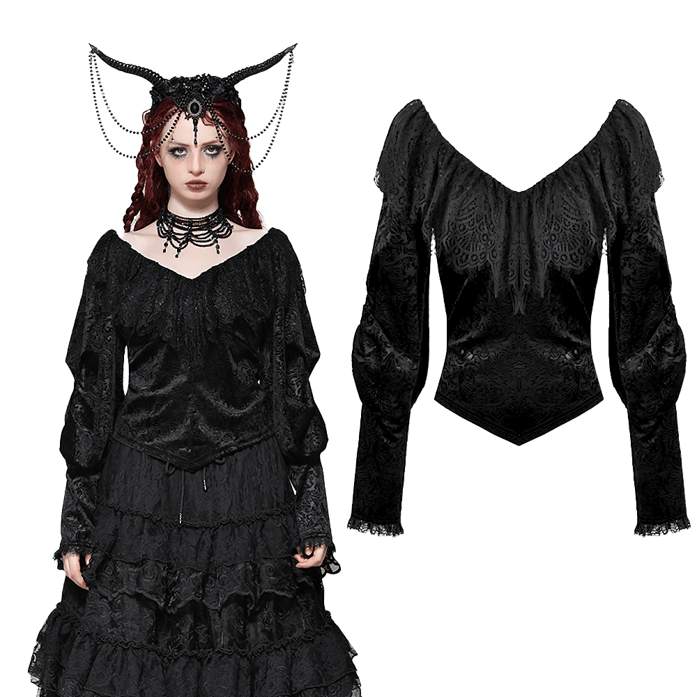 Elegant Gothic off-shoulder velvet lace top for women, featuring puffed sleeves and vintage-inspired design.