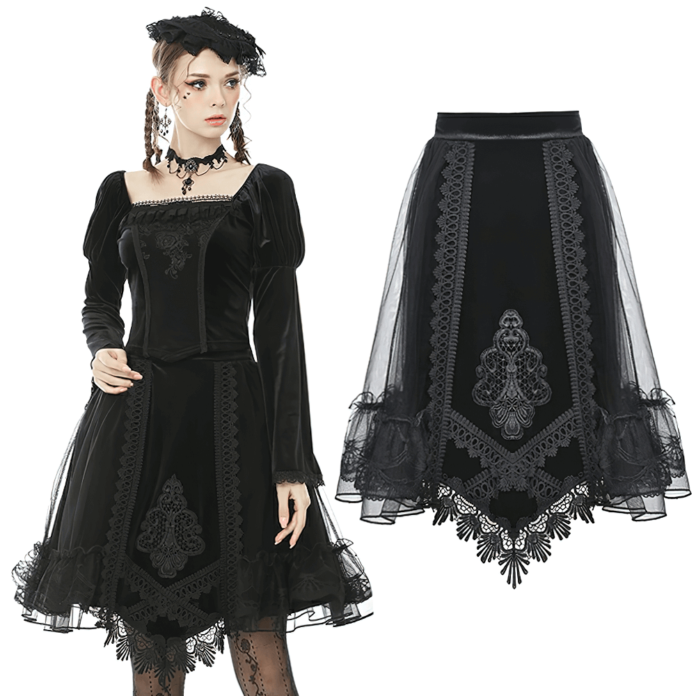 Gothic velvet lace skirt with mesh overlay, featuring elegant lace trim and a flattering fit for a Victorian-inspired look.