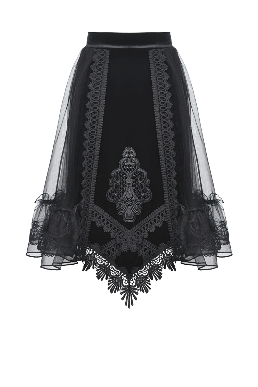 Black Gothic velvet skirt with lace trim, mesh overlay, and elegant ribbon accents for a Victorian-inspired look.