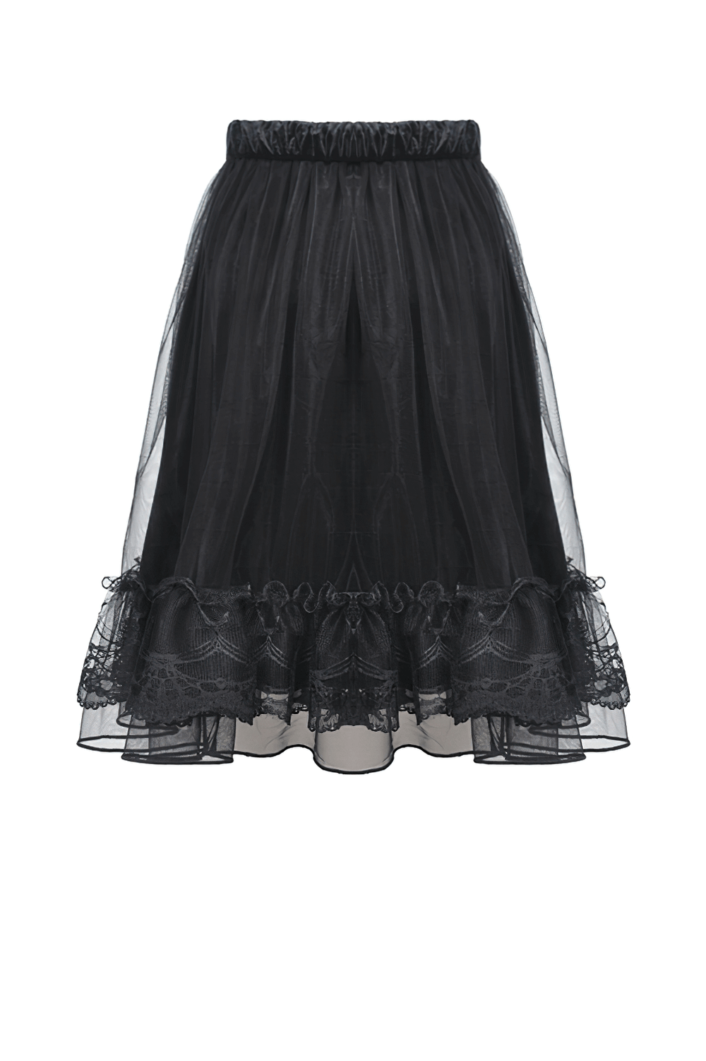 Black gothic velvet and mesh skirt with lace trim and flowy silhouette, perfect for Victorian-inspired outfits.