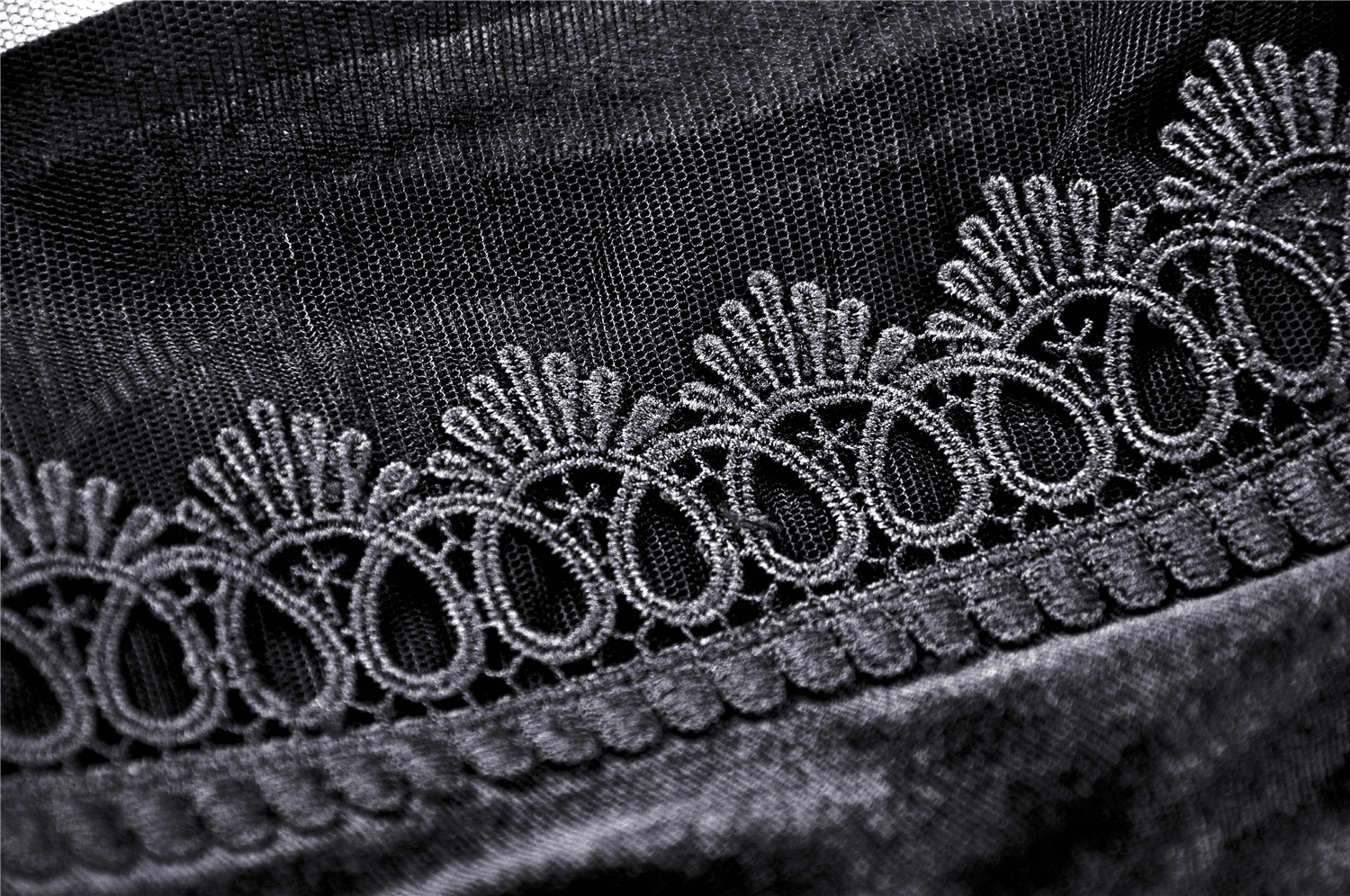 Close-up of delicate black lace trim on a velvet gothic skirt, showcasing intricate patterns and ethereal beauty.