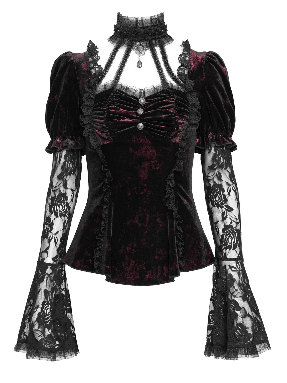Gothic velvet top with lace bell sleeves and Victorian details, perfect for alternative fashion.