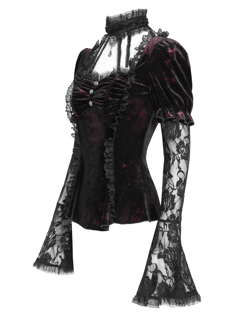 Gothic velvet top with sheer lace bell sleeves and ornate buttons, perfect for alternative fashion.