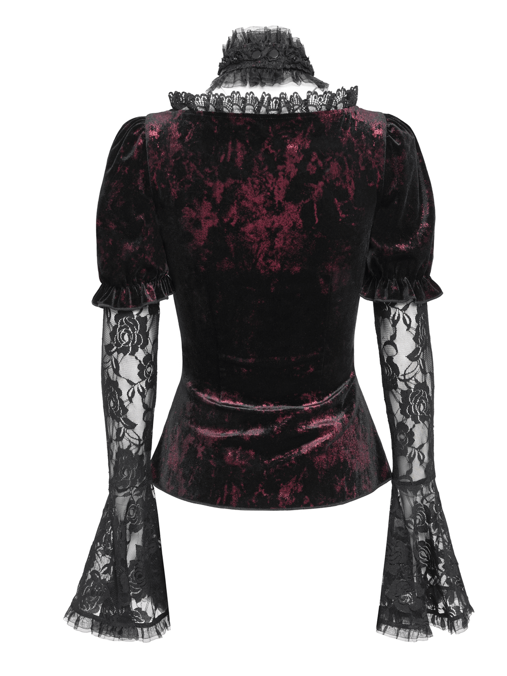 Gothic velvet top featuring sheer lace bell sleeves and Victorian details, perfect for alternative fashion lovers.