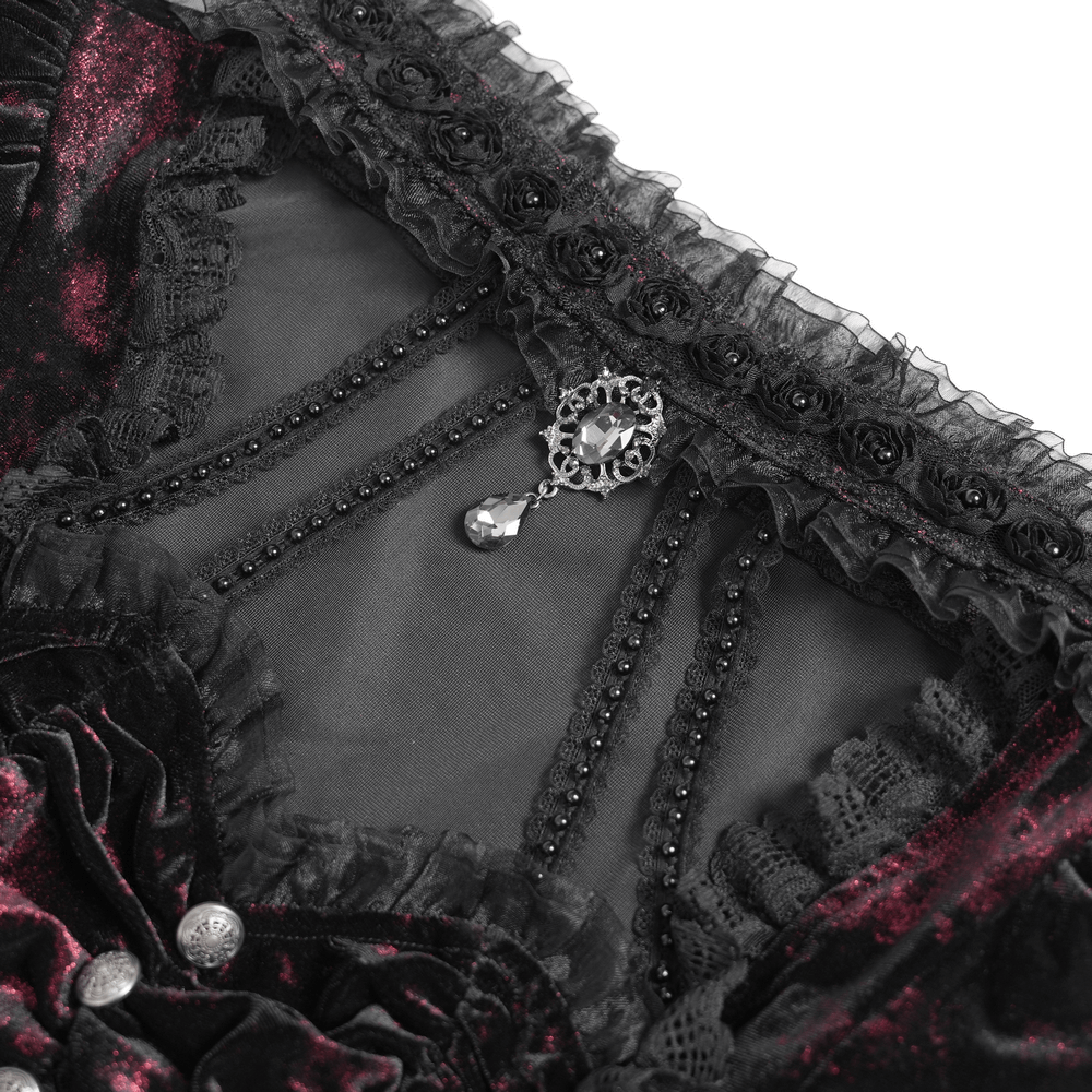 Close-up of intricate lace neckline and velvet details on gothic Victorian top with elegant buttons and embellishments.