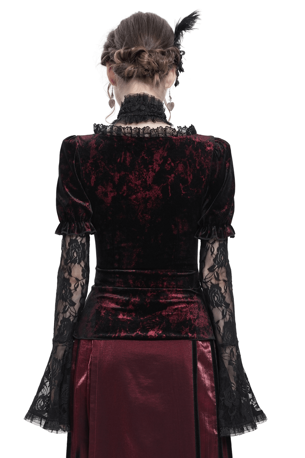 Back view of Gothic velvet lace top with puff sleeves and intricate lace bell sleeves, perfect for alternative fashion.