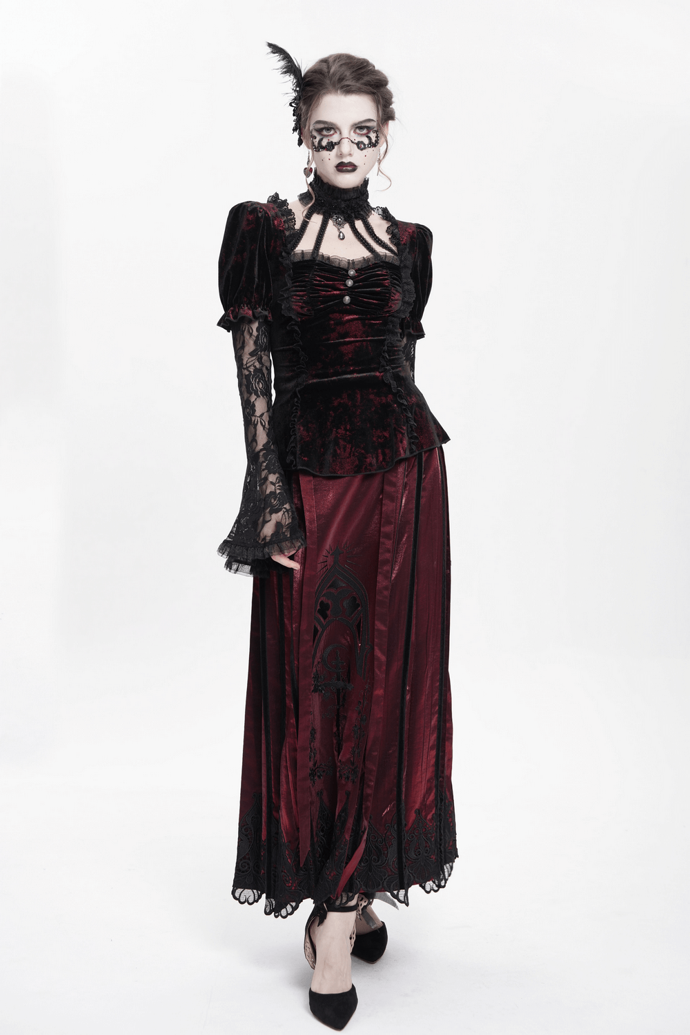 Gothic velvet lace sleeved top with Victorian details, featuring puff shoulders and dramatic bell sleeves.