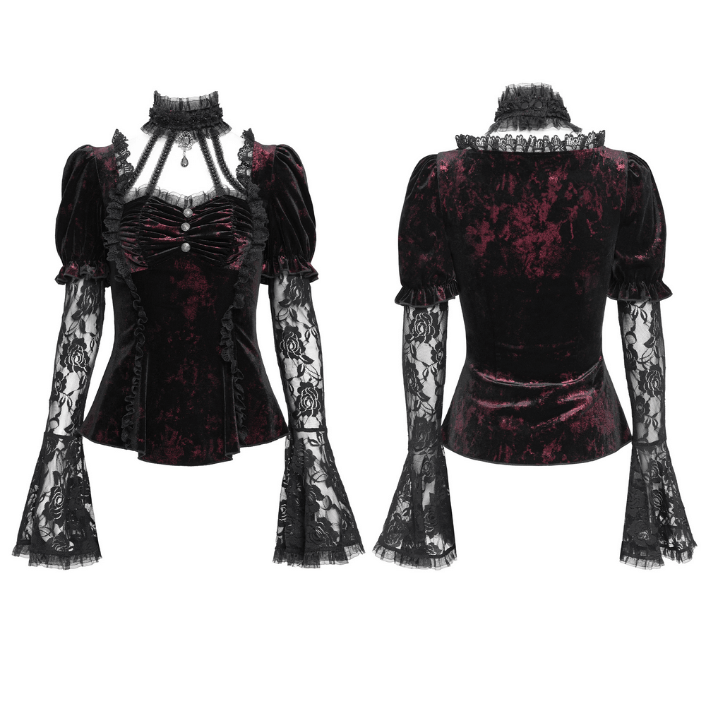 Gothic velvet top with sheer lace bell sleeves and Victorian details, perfect for alternative fashion.
