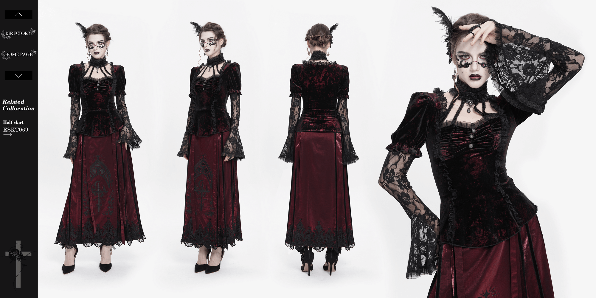 Gothic velvet top with sheer lace bell sleeves and Victorian details in deep red, perfect for alternative fashion.