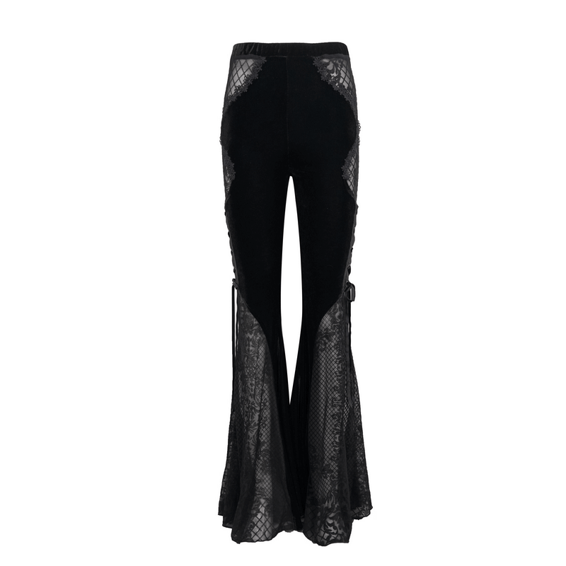 Gothic velvet flared trousers with lace applique and side laces for a striking and elegant look.