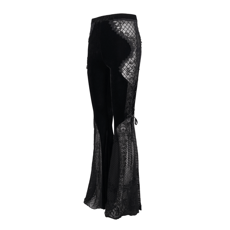 Elegant black velvet flared trousers with lace appliqué and lace-up sides, perfect for a gothic style outfit.