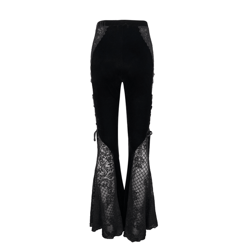 Gothic black velvet flared trousers with lace applique details and lace-up sides, perfect for an elegant gothic look.